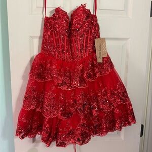 Red Sequined Tiered Party Dress
